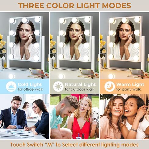 Vanity Mirror with Lights, Makeup Mirror with 3 Lighting Modes, Light Up Mirror with Touch Sensor, AC-Powered, 360 Rotatable, Metal Frame, with Detachable 10X Magnifying Spot Mirro, 14.1" in Saudi Arabia