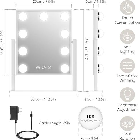 Vanity Mirror with Lights, Makeup Mirror with 3 Lighting Modes, Light Up Mirror with Touch Sensor, AC-Powered, 360 Rotatable, Metal Frame, with Detachable 10X Magnifying Spot Mirro, 14.1" in Saudi Arabia