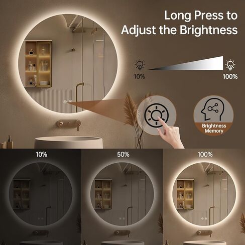 مرآة حمام بإضاءة خلفية مستديرة من LOVESPEJO مقاس 30 بوصة مع أضواء، مرآة LED دائرية للحمام، بدون ضباب، قابلة للتعتيم بدون خطوات، 3 ألوان متغيرة، ذاكرة، IP54، مقاومة للكسر in Kuwait
