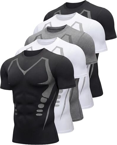5 قطع من قمصان التدريب الرجالية بأكمام قصيرة باللونين الأسود والأبيض، تي شيرت رياضي ماص للرطوبة للرجال للجري in Kuwait