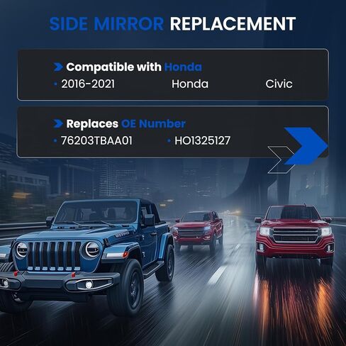 زجاج مرآة مُسخن على الجانب الأيسر للسائق متوافق مع Honda Civic 2016-2021 مرآة الرؤية الخلفية للسائق على الجانب الأيسر زجاج محدب مع لوحة دعم يستبدل 76203TBAA01 HO1325127 in Kuwait