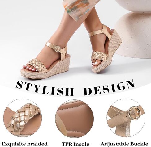 Wide Width Wedge Sandals for Women, Braided Ankle Strap Buckle Open Toe Summer Shoes Platform Espadrille Wedge Beach Women Sandals. in Saudi Arabia