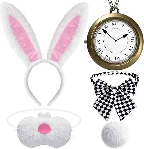 5 PCS White Rabbit Costume Set Bunny Dress Up Accessory Kit Bunny Ears Headband Clock Necklace Bowtie Tail Nose for Easter Halloween Dress Up in Kuwait