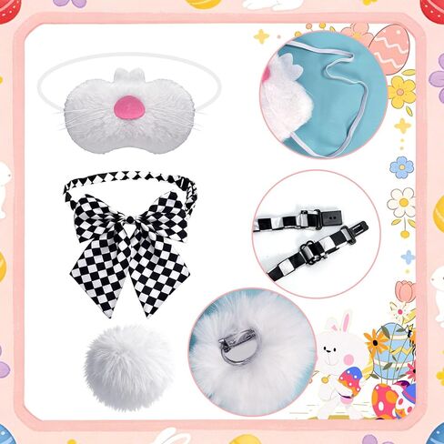 5 PCS White Rabbit Costume Set Bunny Dress Up Accessory Kit Bunny Ears Headband Clock Necklace Bowtie Tail Nose for Easter Halloween Dress Up in Kuwait