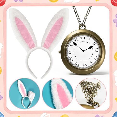5 PCS White Rabbit Costume Set Bunny Dress Up Accessory Kit Bunny Ears Headband Clock Necklace Bowtie Tail Nose for Easter Halloween Dress Up in Kuwait