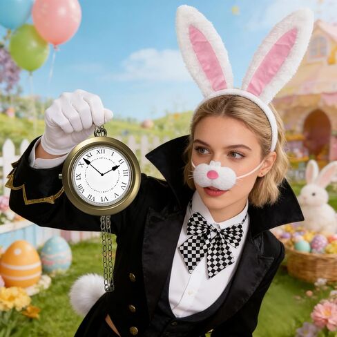 5 PCS White Rabbit Costume Set Bunny Dress Up Accessory Kit Bunny Ears Headband Clock Necklace Bowtie Tail Nose for Easter Halloween Dress Up in Kuwait