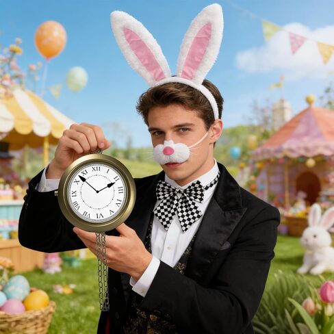 5 PCS White Rabbit Costume Set Bunny Dress Up Accessory Kit Bunny Ears Headband Clock Necklace Bowtie Tail Nose for Easter Halloween Dress Up in Kuwait