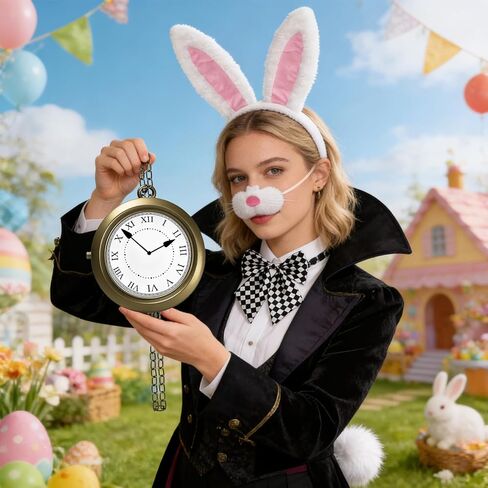 5 PCS White Rabbit Costume Set Bunny Dress Up Accessory Kit Bunny Ears Headband Clock Necklace Bowtie Tail Nose for Easter Halloween Dress Up in Kuwait