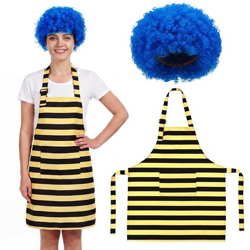 2 Pcs Fluffy Afro Wig Clown and Yellow Black Striped Apron, Adult Cosplay Costume for Mardi Gras Party(Pink) in Saudi Arabia
