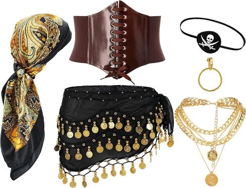6 Pcs Women Pirate Costume Accessories Belly Dancing Scarf Waist Seal Bandanas Headscarf Earring Necklace Eye Patch in Saudi Arabia