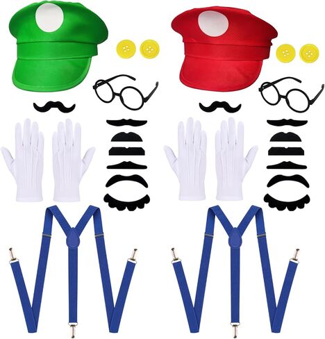 مجموعة إكسسوارات أزياء Classic Bros Plumber، قبعات حمراء وخضراء مع شوارب وحمالات وقفازات وأزرار وإطار نظارات للهالوين والحفلات التنكرية وحفلات عيد الميلاد in Kuwait