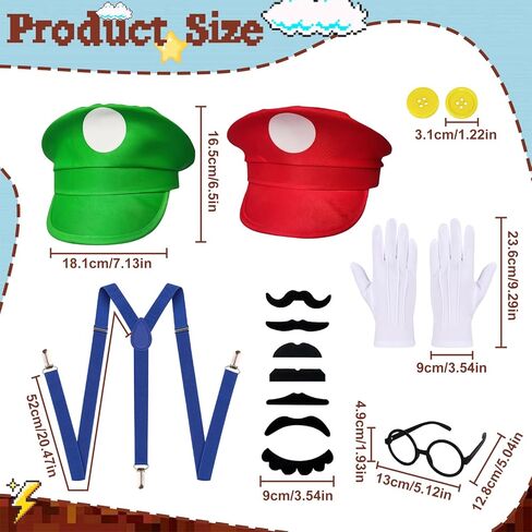 مجموعة إكسسوارات أزياء Classic Bros Plumber، قبعات حمراء وخضراء مع شوارب وحمالات وقفازات وأزرار وإطار نظارات للهالوين والحفلات التنكرية وحفلات عيد الميلاد in Kuwait