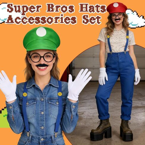 مجموعة إكسسوارات أزياء Classic Bros Plumber، قبعات حمراء وخضراء مع شوارب وحمالات وقفازات وأزرار وإطار نظارات للهالوين والحفلات التنكرية وحفلات عيد الميلاد in Kuwait