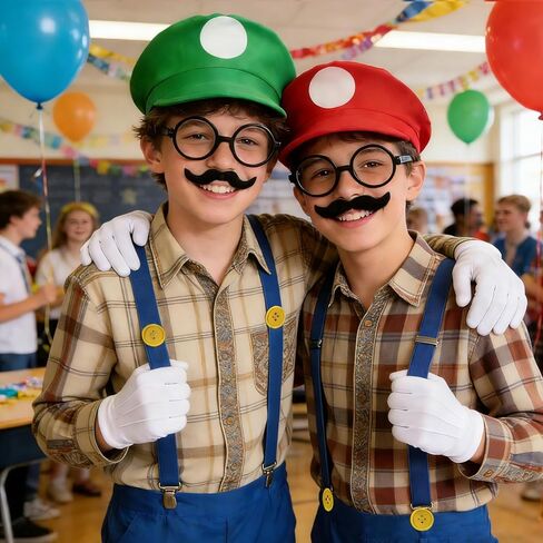 مجموعة إكسسوارات أزياء Classic Bros Plumber، قبعات حمراء وخضراء مع شوارب وحمالات وقفازات وأزرار وإطار نظارات للهالوين والحفلات التنكرية وحفلات عيد الميلاد in Kuwait