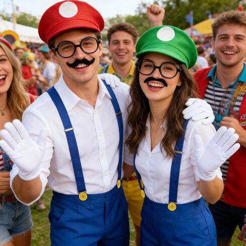 مجموعة إكسسوارات أزياء Classic Bros Plumber، قبعات حمراء وخضراء مع شوارب وحمالات وقفازات وأزرار وإطار نظارات للهالوين والحفلات التنكرية وحفلات عيد الميلاد in Kuwait