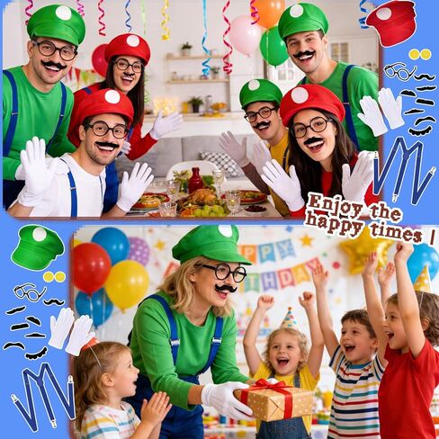 مجموعة إكسسوارات أزياء Classic Bros Plumber، قبعات حمراء وخضراء مع شوارب وحمالات وقفازات وأزرار وإطار نظارات للهالوين والحفلات التنكرية وحفلات عيد الميلاد in Kuwait