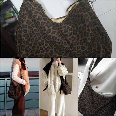 حقيبة حمل بطباعة الفهد الفهد للنساء، حقائب كتف من القماش الكتاني Y2K بطباعة حيوانات مع سحاب، محفظة كروس لطيفة خفيفة الوزن كل يوم، هدايا إكسسوارات الفهد in Kuwait