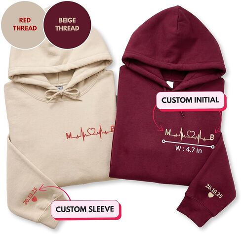 Custom Heartbeat Initial Embroidered Hoodie – Matching Couple Hoodie With Date Gift For Valentine or Anniversary in Saudi Arabia