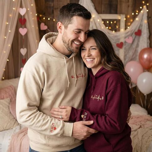 Custom Heartbeat Initial Embroidered Hoodie – Matching Couple Hoodie With Date Gift For Valentine or Anniversary in Saudi Arabia
