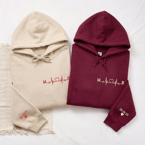 Custom Heartbeat Initial Embroidered Hoodie – Matching Couple Hoodie With Date Gift For Valentine or Anniversary in Saudi Arabia