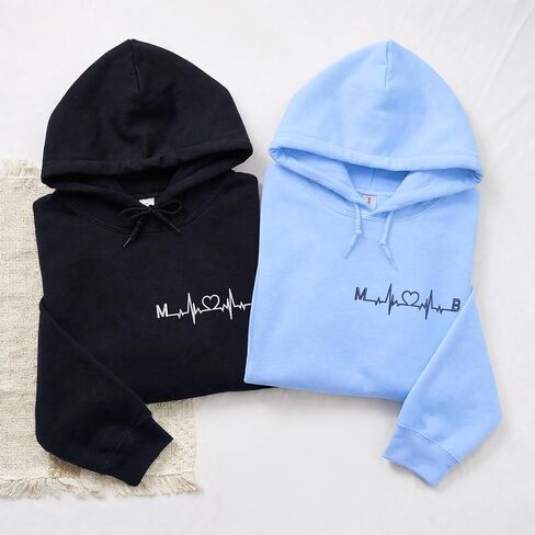 Custom Heartbeat Initial Embroidered Hoodie – Matching Couple Hoodie With Date Gift For Valentine or Anniversary in Saudi Arabia