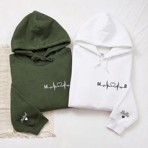 Custom Heartbeat Initial Embroidered Hoodie – Matching Couple Hoodie With Date Gift For Valentine or Anniversary in Saudi Arabia