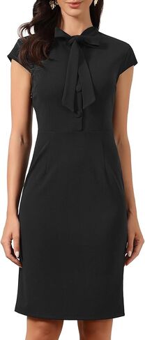 فستان عمل Allegra K للنساء بأكمام قصيرة وربطة عنق وسحاب جانبي وفساتين ضيقة للعمل غير رسمية in Kuwait