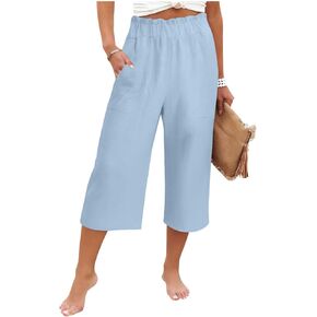 Cotton Linen Capris for Women Elastic High Waist Summer Capri Pants Casual Loose Boho Beach Cropped Pants in Kuwait