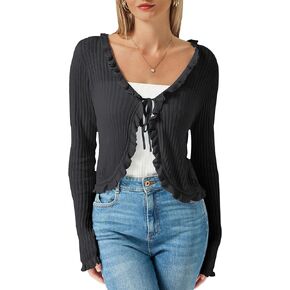 Womens Sheer Lightweight Cardigan Long Sleeve Tie Front Cropped Bolero Shrug Ruffle Trim Hollow Out Tencel Mesh Cardigan in Saudi Arabia