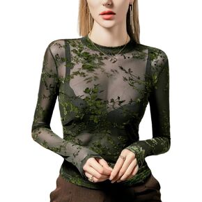 Women Sexy Mesh Sheer Bodycon Top Casual Long Sleeve Layering Top Mock Neck Lace Floral See Through Shirt Lace Blouse in Kuwait