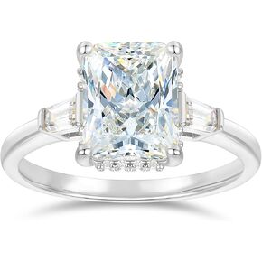 14K White Gold Radiant Cut Moissanite Rings 3-Stone 3 Carat Radiant Cut Moissanite Engagement Rings 3 Stone Hidden Halo Moissanite Rings for Women in Kuwait
