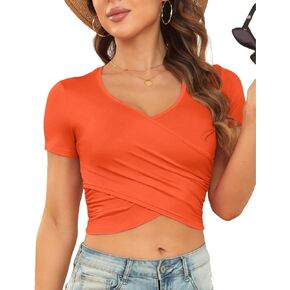 Women's Short Sleeve Crop Top Deep V Neck Stretchy Slim Fits Cross Wrap Tops Tee in Kuwait