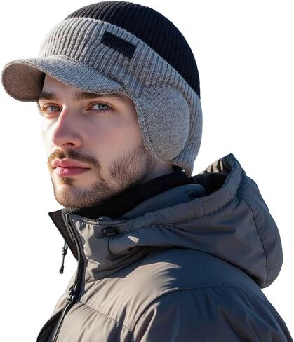 Men's Winter Knitted Earflap Hat, Winter Beanie with Brim and Ear Flaps, Outdoor Warm Fleece Lined Hat Stocking Caps Black in Saudi Arabia