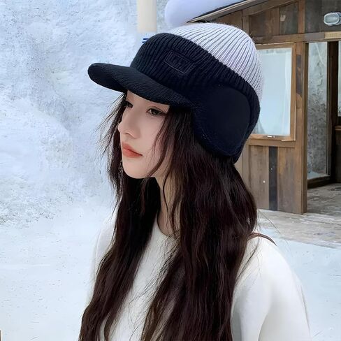 Men's Winter Knitted Earflap Hat, Winter Beanie with Brim and Ear Flaps, Outdoor Warm Fleece Lined Hat Stocking Caps Black in Saudi Arabia