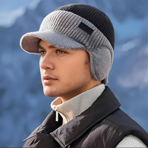 Men's Winter Knitted Earflap Hat, Winter Beanie with Brim and Ear Flaps, Outdoor Warm Fleece Lined Hat Stocking Caps Black in Saudi Arabia