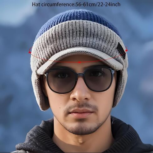 Men's Winter Knitted Earflap Hat, Winter Beanie with Brim and Ear Flaps, Outdoor Warm Fleece Lined Hat Stocking Caps Black in Saudi Arabia