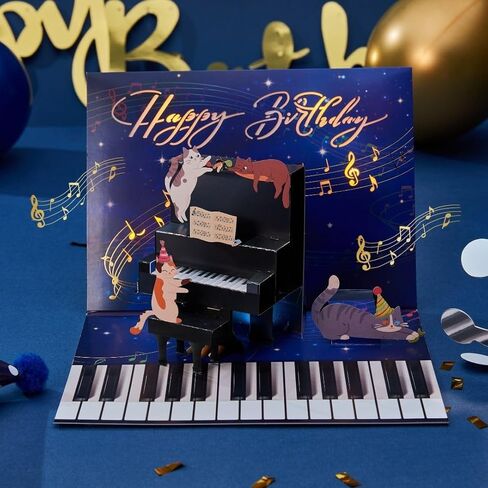 Musical Pop Up Birthday Card with Piano & Cats, 3D Light Up Musical Birthday Card (6"x8") with a notecard (3" x4"), Funny Cat Birthday Card for Mom Daughter Friend, Unique Piano Birthday Gift for Cat Lovers in Saudi Arabia
