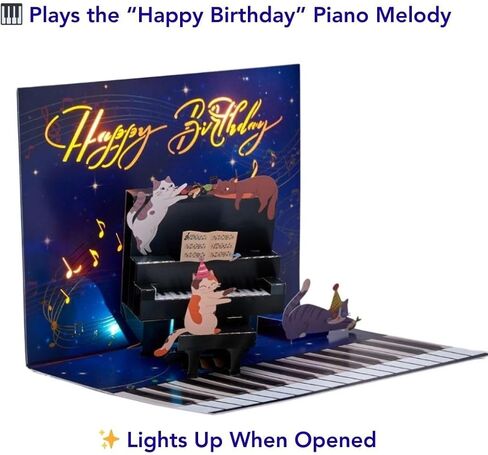 Musical Pop Up Birthday Card with Piano & Cats, 3D Light Up Musical Birthday Card (6"x8") with a notecard (3" x4"), Funny Cat Birthday Card for Mom Daughter Friend, Unique Piano Birthday Gift for Cat Lovers in Saudi Arabia