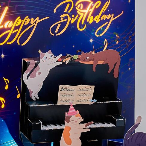 Musical Pop Up Birthday Card with Piano & Cats, 3D Light Up Musical Birthday Card (6"x8") with a notecard (3" x4"), Funny Cat Birthday Card for Mom Daughter Friend, Unique Piano Birthday Gift for Cat Lovers in Saudi Arabia
