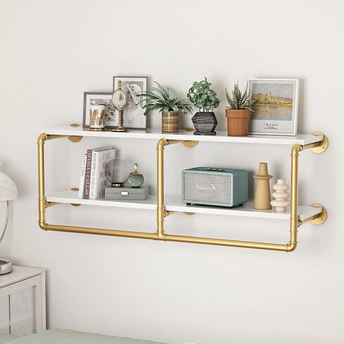 HOMEKAYT 24" Industrial Pipe Shelving Floating Wall Shelves 2 Tier Gold Shelves Multiple Use for Kitchen, Bedroom,Living Room,Bathroom in Saudi Arabia