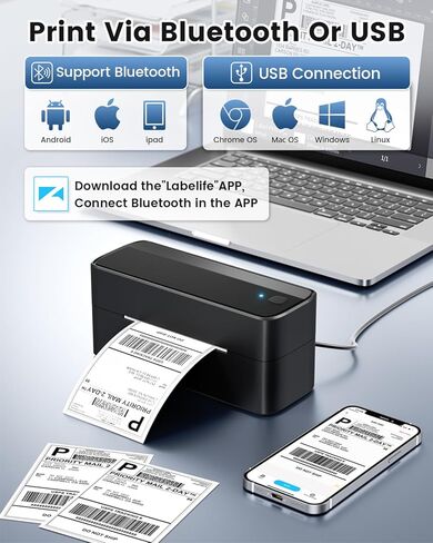 طابعة ملصقات الشحن Phomemo Bluetooth، 241BT 4X6 طابعة ملصقات حرارية لاسلكية للأعمال الصغيرة مع ملصقات حرارية بيضاء مقاس 2.25 بوصة × 1.25 بوصة، 1000 ورقة/لفة، أبيض in Saudi Arabia