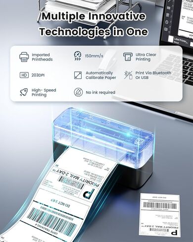 طابعة ملصقات الشحن Phomemo Bluetooth، 241BT 4X6 طابعة ملصقات حرارية لاسلكية للأعمال الصغيرة مع ملصقات حرارية بيضاء مقاس 2.25 بوصة × 1.25 بوصة، 1000 ورقة/لفة، أبيض in Saudi Arabia
