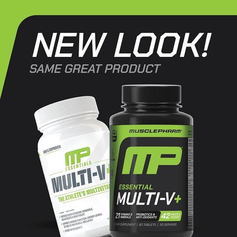 Muscle Pharm Essentials Multi-V+، فيتامينات متعددة للرياضيين، طاقة معززة، أداء وصحة مناعية، فيتامينات متعددة يومية للرجال والنساء مع معادن بالإضافة إلى البروبيوتيك، 90 قرصًا، 30 وجبة in Kuwait