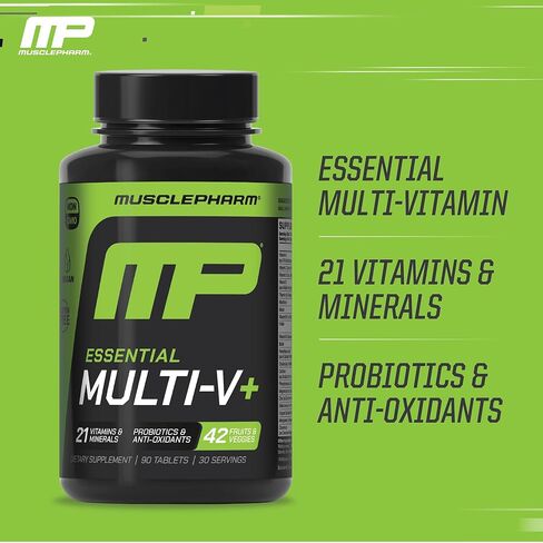 Muscle Pharm Essentials Multi-V+، فيتامينات متعددة للرياضيين، طاقة معززة، أداء وصحة مناعية، فيتامينات متعددة يومية للرجال والنساء مع معادن بالإضافة إلى البروبيوتيك، 90 قرصًا، 30 وجبة in Kuwait