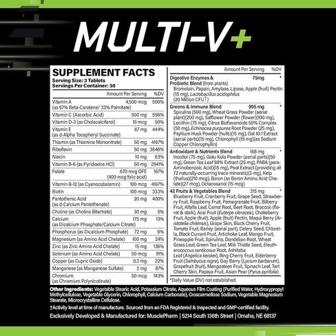 Muscle Pharm Essentials Multi-V+، فيتامينات متعددة للرياضيين، طاقة معززة، أداء وصحة مناعية، فيتامينات متعددة يومية للرجال والنساء مع معادن بالإضافة إلى البروبيوتيك، 90 قرصًا، 30 وجبة in Kuwait