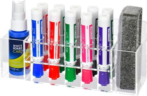 حامل أقلام تحديد جاف مثبت على الحائط من الأكريليك، حامل أقلام تحديد شفاف 10 فتحات، تخزين القلم مع خطافات لاصقة للسبورة البيضاء، ملحقات منظم خزانة المكتب، المكتب، الفصل الدراسي، المنزل in Kuwait