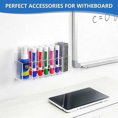 حامل أقلام تحديد جاف مثبت على الحائط من الأكريليك، حامل أقلام تحديد شفاف 10 فتحات، تخزين القلم مع خطافات لاصقة للسبورة البيضاء، ملحقات منظم خزانة المكتب، المكتب، الفصل الدراسي، المنزل in Kuwait