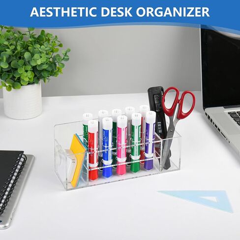 حامل أقلام تحديد جاف مثبت على الحائط من الأكريليك، حامل أقلام تحديد شفاف 10 فتحات، تخزين القلم مع خطافات لاصقة للسبورة البيضاء، ملحقات منظم خزانة المكتب، المكتب، الفصل الدراسي، المنزل in Kuwait