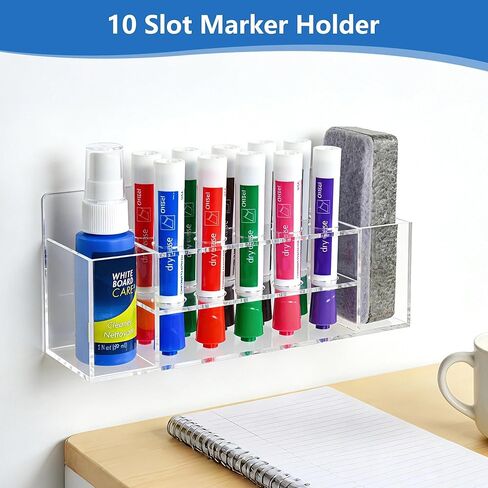 حامل أقلام تحديد جاف مثبت على الحائط من الأكريليك، حامل أقلام تحديد شفاف 10 فتحات، تخزين القلم مع خطافات لاصقة للسبورة البيضاء، ملحقات منظم خزانة المكتب، المكتب، الفصل الدراسي، المنزل in Kuwait
