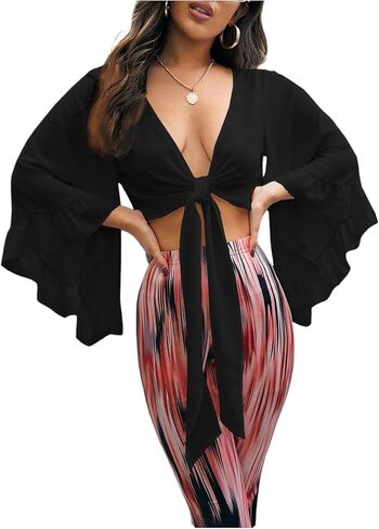 OYOANGLE Women's Ruffle Bell Sleeve Mesh Crop Blouse Deep V Neck Knot Front Kimono Cardigan in Saudi Arabia